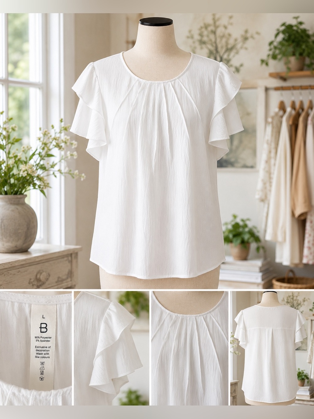 White Flutter Sleeve Blouse Size Large – Lightweight Feminine Top
